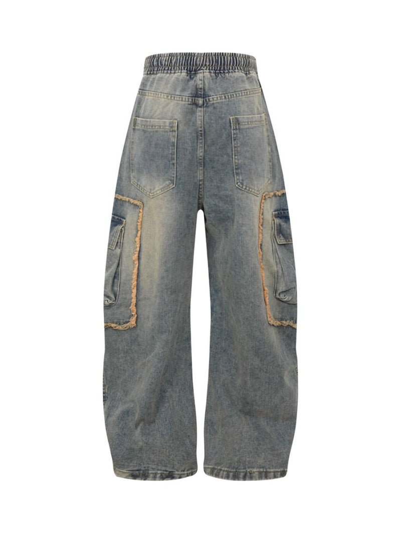 Distressed Raw Edge Cargo Drawstring Barrel Jeans