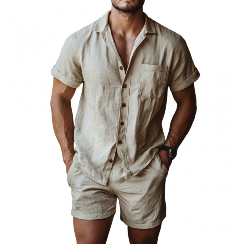 Herren Casual Leinen Revers Kurzarmhemd Elastische Taille Shorts Set