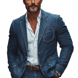 Men'S Dark Blue Textured Washed Denim Blazer