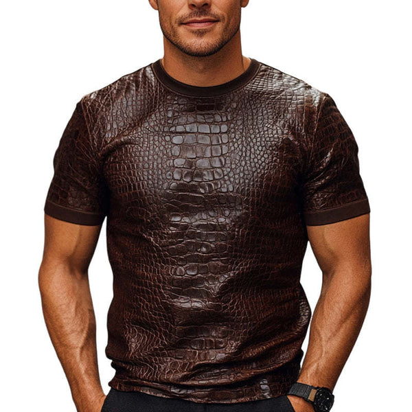 Men's Brown Crocodile Textured PU Leather Short Sleeve T-Shirt
