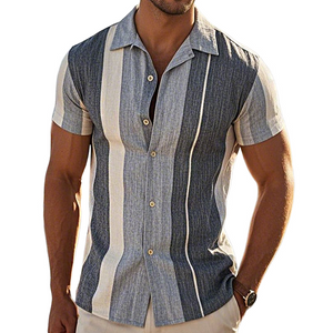 Herren Retro Casual Leinen Gestreiftes Colorblock Bedrucktes Revers Kurzarmhemd