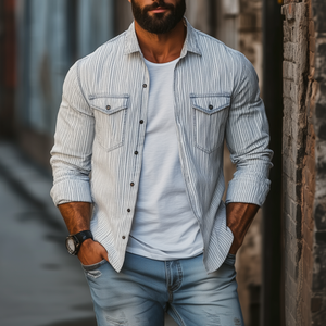 Men's Casual Comfort Cotton Linen Striped Lapel Chest Pocket Loose Long Sleeve Shirt
