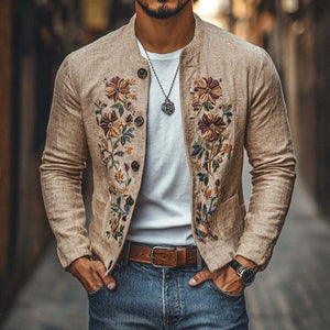 Men's Casual Linen Embroidered Stand Collar Single Breasted Slim Fit Jacket