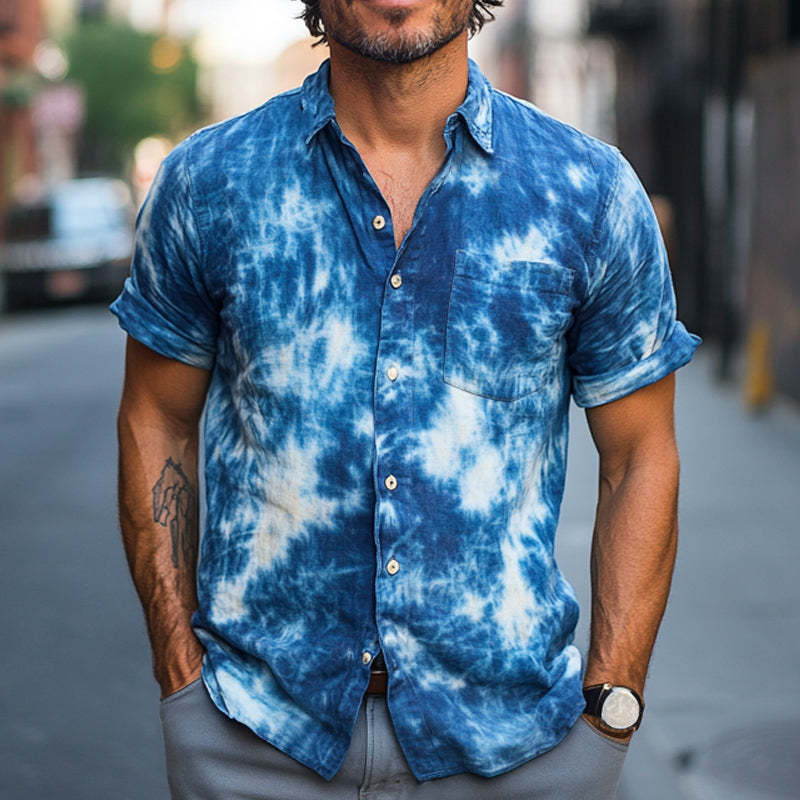 Herren Sommer Blau Tie-Dye Baumwolle Casual Kurzarmhemd