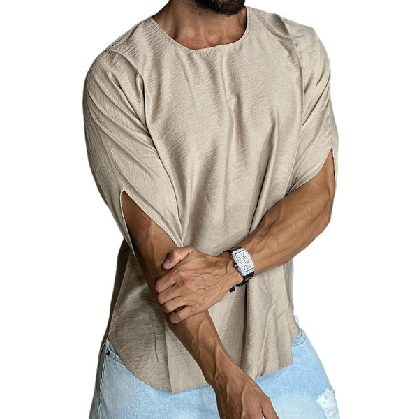 Men's Retro Casual Linen Pleated Round Neck Short Sleeve T-Shirt