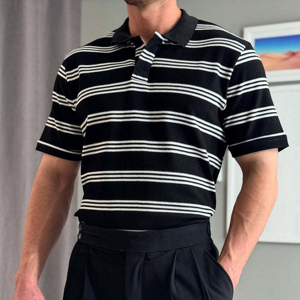 Herren Retro Casual Striped Print Revers Kurzarm T-Shirt