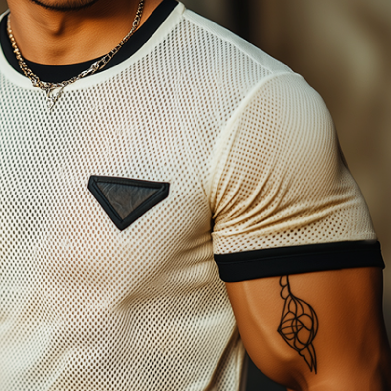 Men's Retro Casual Mesh Fabric Color Block Round Neck Short Sleeve T-Shirt