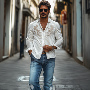 Men's Classic Vintage Velvet Embroidered Long Sleeve Shirt