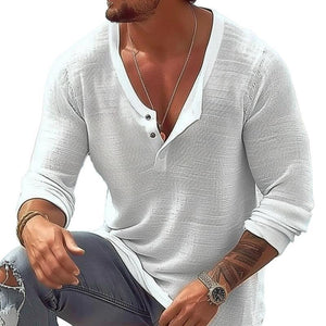 Men's Casual Cotton Linen U Neck Long-Sleeved T-Shirt