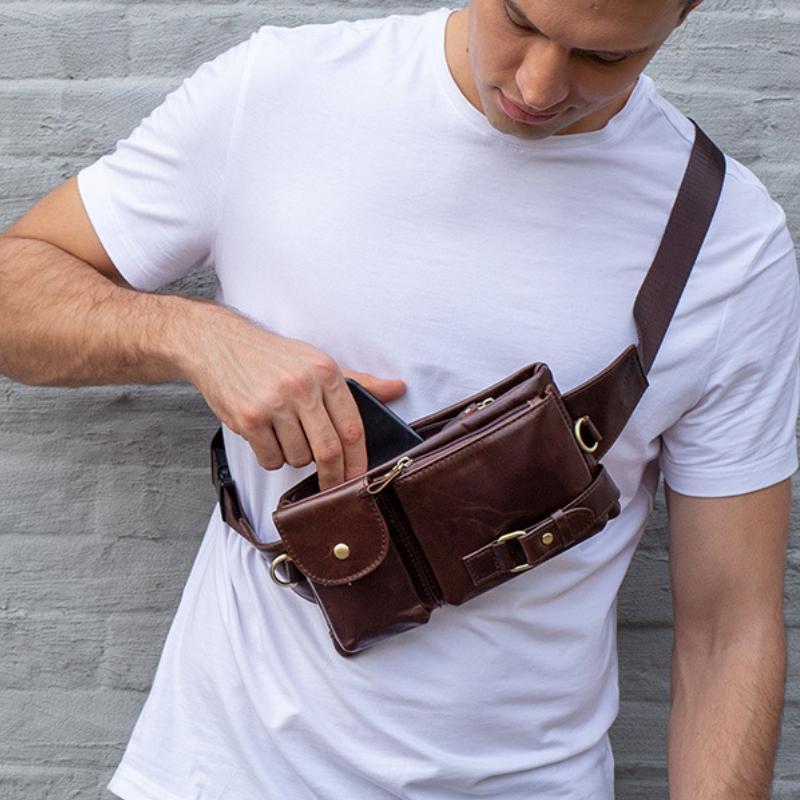 Men's Classic Genuine Leather Waist And Messenger Bag