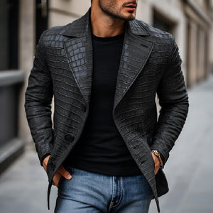 Herren Blazer mit Vintage-Steinmuster und fallendem Revers im Slim Fit aus Leder
