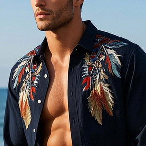 Men's Casual Feather Embroidered Long Sleeve Shirt