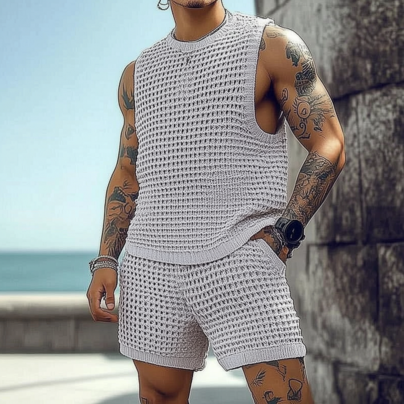 Herren Casual Rundhals Lose Tank Top Elastische Taille Shorts Strick Set