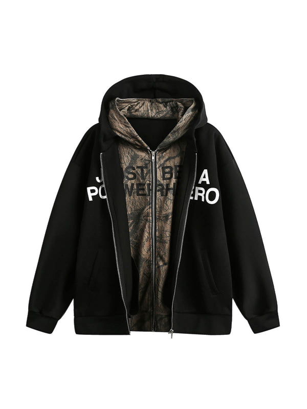 Camouflage Patchwork Faux Two-Piece Print Hooded Sweatshirt