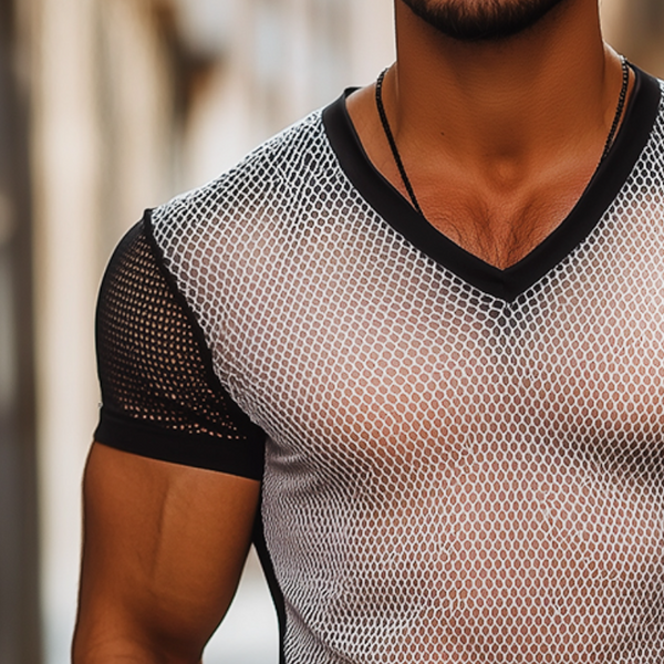 Men's Retro Casual Summer Cool Mesh Fabric Colorblock V-neck Short Sleeve T-shirt