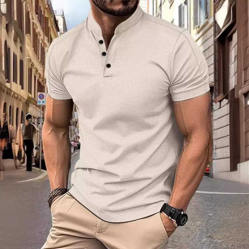 Men's Casual Stand Collar Waffle Slim Fit Short Sleeve T-Shirt