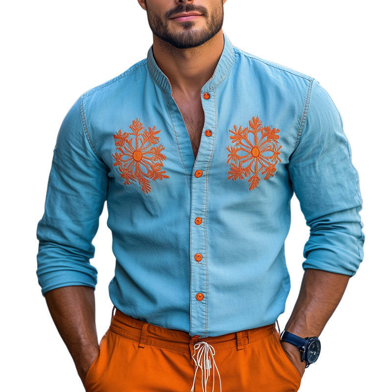 Men's Light Blue Contrast Embroidered Denim Shirt