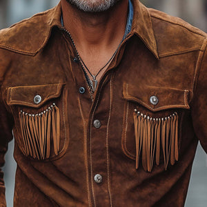 Men's Brown Vintage Lapel Tassel Suede Shirt