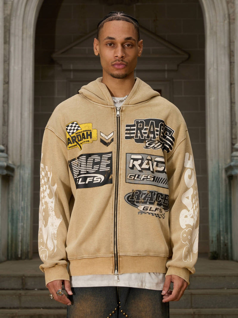 Washed Racing Zip Up Hoodie