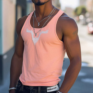 Men's Summer Casual Round Neck Pink Embroidered Tank Top