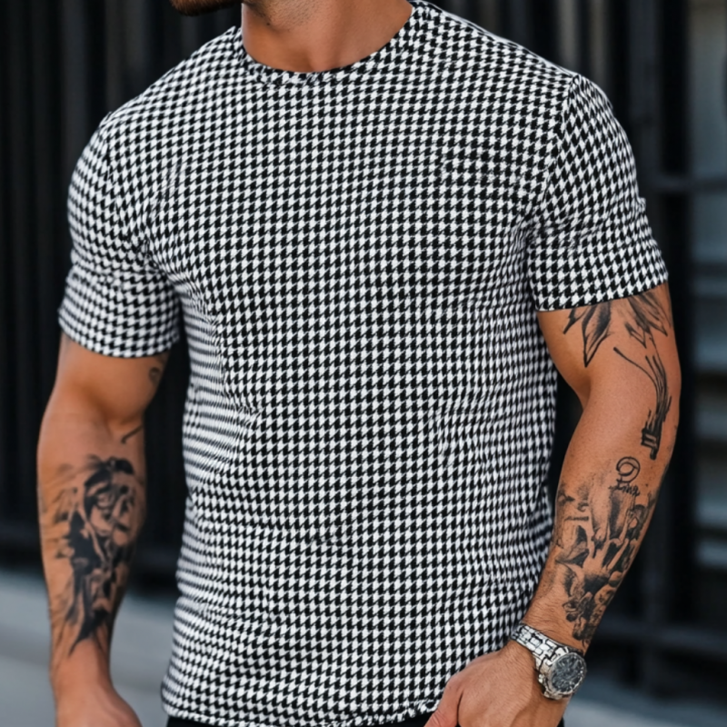 Men's Casual Houndstooth Round Neck Slim Short Sleeve T-Shirt