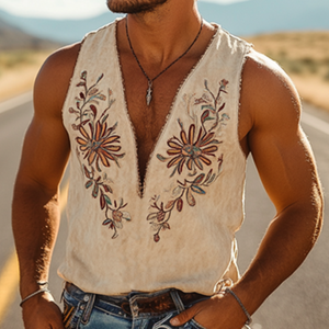 Men's American Western Cowboy Style Suede Embroidered Deep V Neck Tank Top