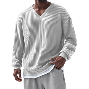 Men's Casual V-neck Striped Loose Long Sleeve T-shirt