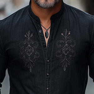 Herren Frühling und Herbst Baumwolle und Leinen bestickt Casual Hautfreundliches Hemd