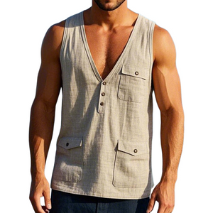 Men's Vintage Linen Multi-Pocket V-Neck Tank Top