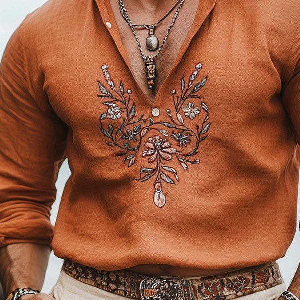 Lässiges Langarmhemd mit Stickerei im Vintage-Stil für Herren