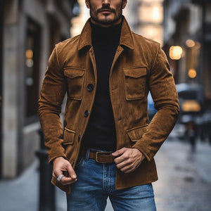 Men's Vintage Lapel Suede Multi-Pocket Loose Jacket