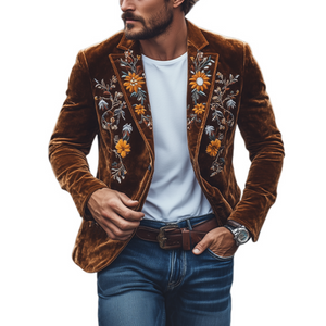 Klassischer, einreihiger Retro-Slim-Fit-Blazer für Herren mit Samtstickerei