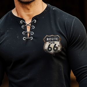 Men's Retro Route 66 Printed Casual V-Neck Long Sleeve T-Shirt