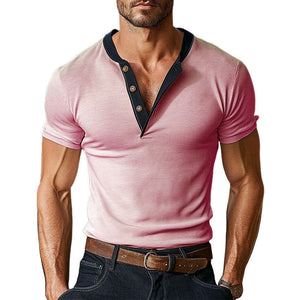 Men's Contrast Color Short Sleeve Henley Neck T-Shirt