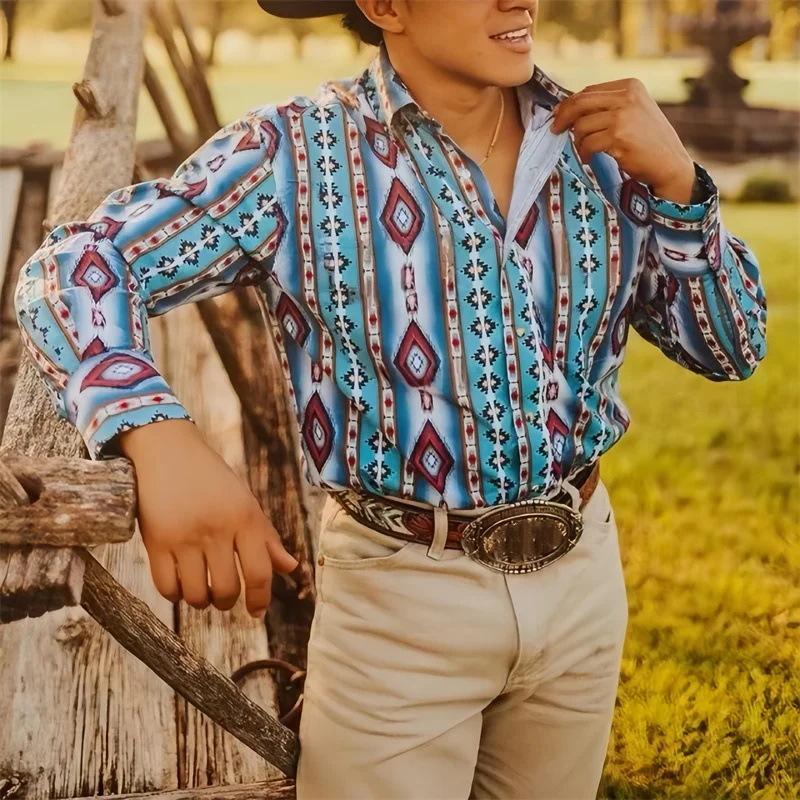 Herren-Langarmhemd mit Western-Cowboy-Streifenmuster und Aufdruck