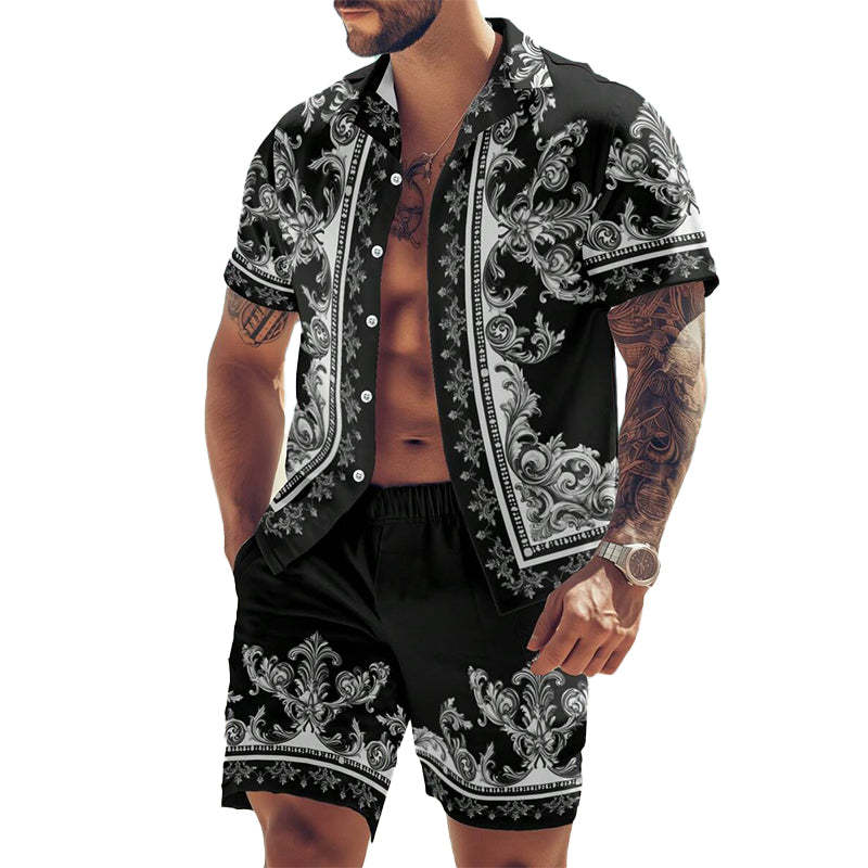 Zweiteiliges Herren-Set mit Kurzarm-Shorts und Cashew-Blumen-Print