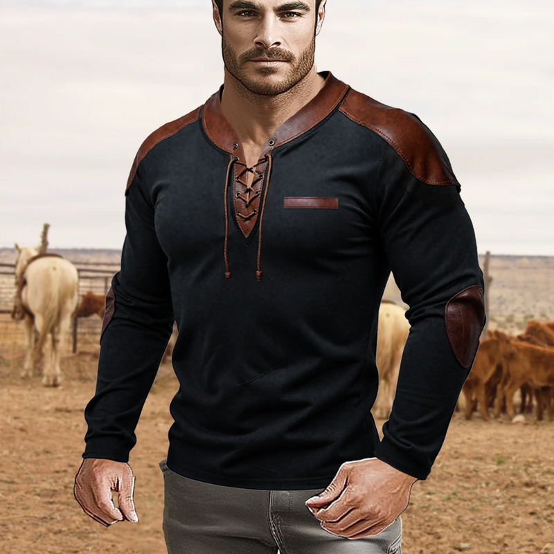 Men's Vintage PU Leather Patchwork Normal Outdoor Causal Long Sleeve Lace-up T-shirt