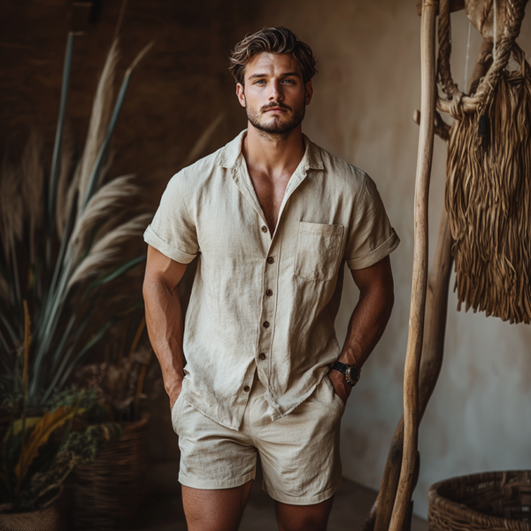 Herren Casual Leinen Revers Kurzarmhemd Elastische Taille Shorts Set