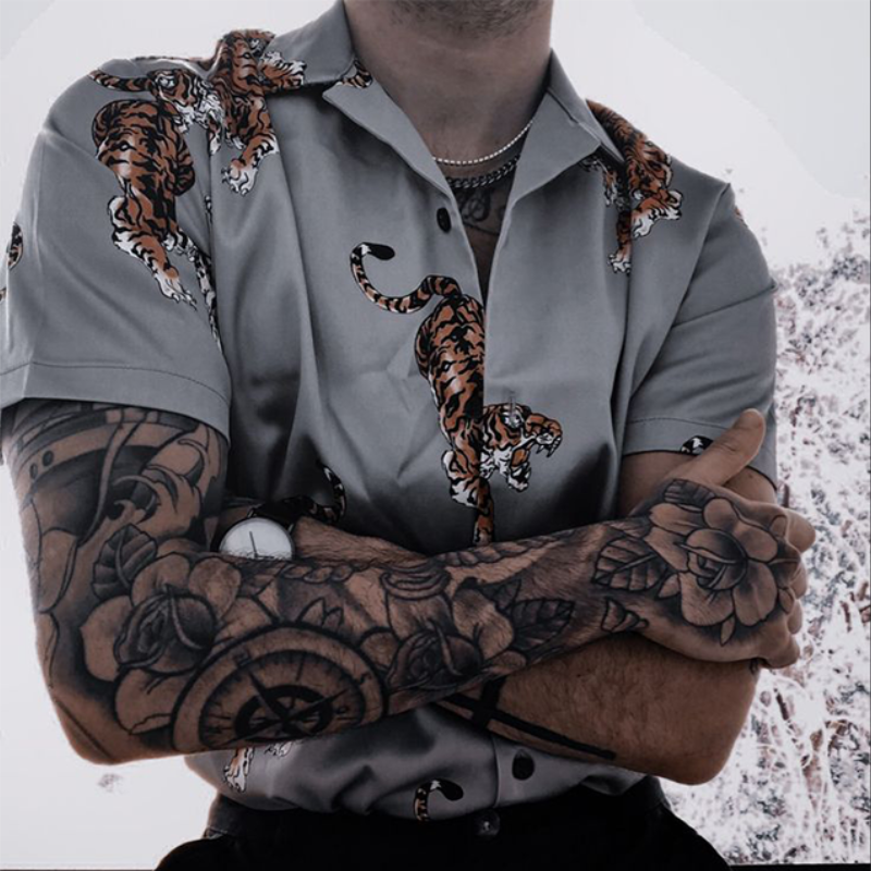 Herren Frühling und Sommer Mode Lässig Bedrucktes Tiger Baumwolle Kurzarmhemd