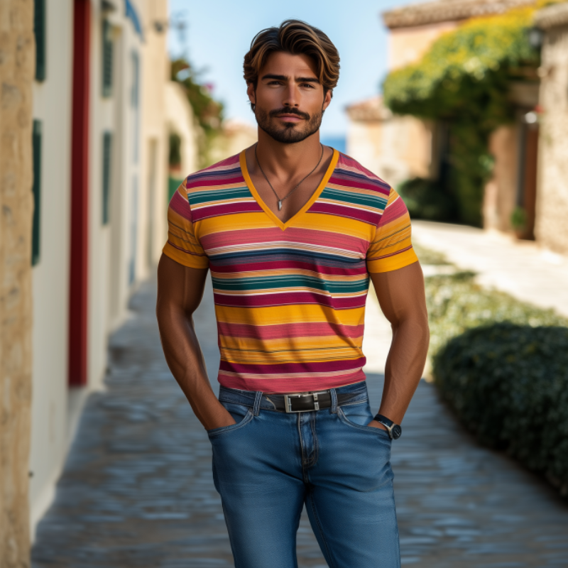 Men's Casual V-neck Contrast Striped Cotton Slim Fit Short-sleeved T-shirt