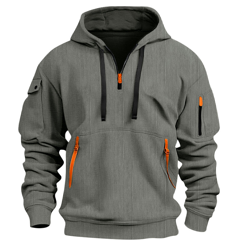 HOODED SPORTS AND LEISURE JACKET, ZIPPER PATCH POCKET, SEMI CARDIGAN, TRENDY MEN'S HOODIE