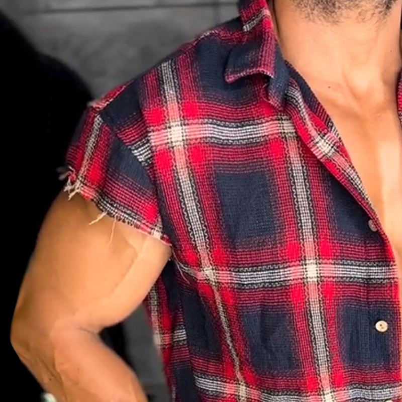 Men's Retro Casual Linen Plaid Print Lapel Short Sleeve Shirt