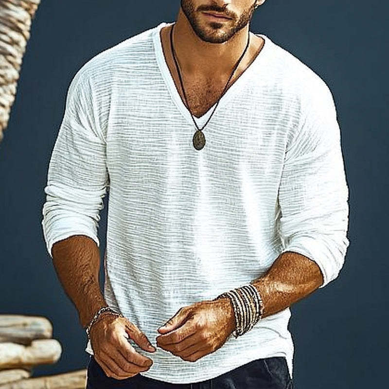Men's Loose V-neck Textured Long Sleeve T-shirt