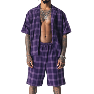 Men's Casual Sports Check Print Linen Shirt Two-Piece Set