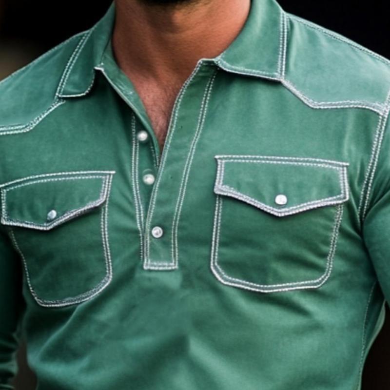 Herrenmode Wildleder-Poloshirt im Western-Stil, Slim Fit, Langarm