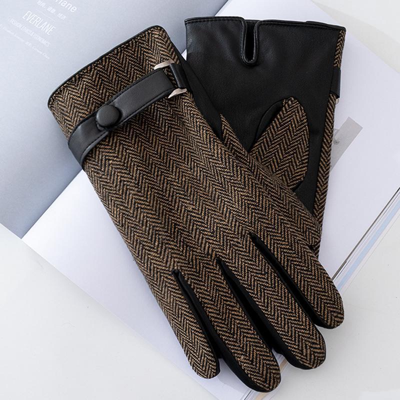 Men's Plaid Plush Warm Touch Screen PU Leather Gloves