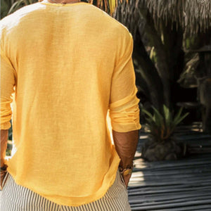 Men's Casual Cotton Linen Round Neck Loose Long Sleeve T-Shirt