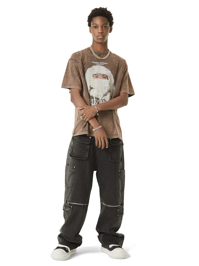 Multi-pocket Zipper Design Washed Hip-Hop Jeans