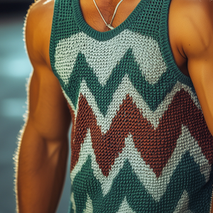 Men's Retro Casual Diamond Colorblock Round Neck Tank Top