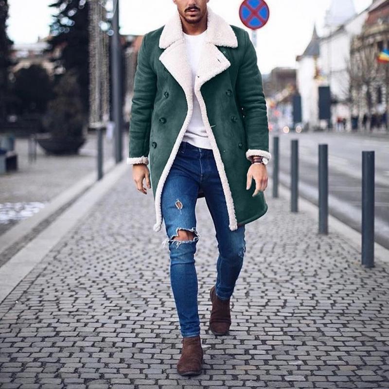 Men's Vintage Suede Polar Fleece Warm Notch Lapel Double Breasted Coat